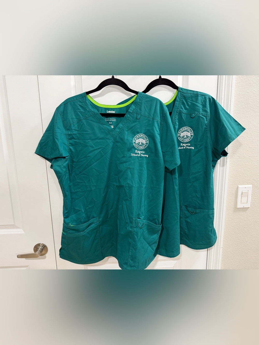 2 Landau Teal Nursing Scrub Tops with Keigwin School Embroidery